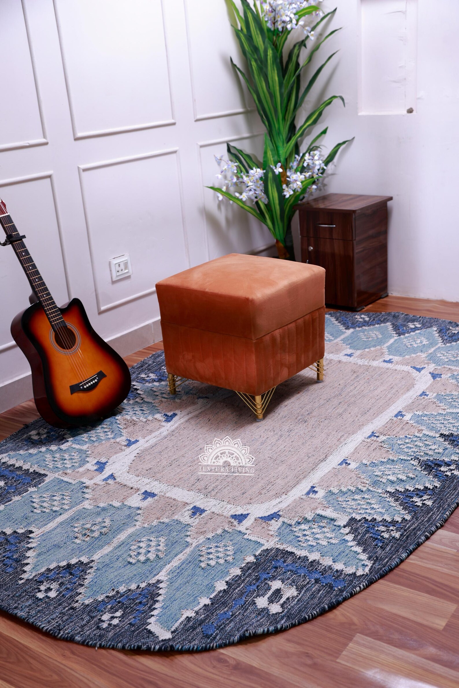 il_1588xN.7056185517_r5xs Oval Recycled PET yarn Rug- Blue Flatweave with Tribal Medallion Design - Image 1