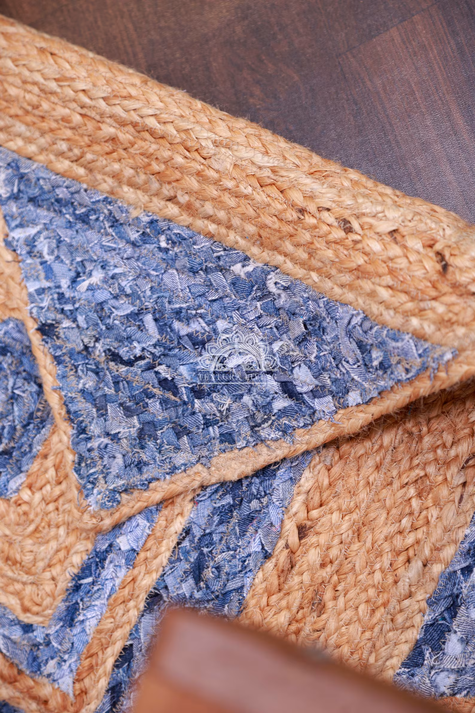 Handwoven Diamond Jute Rug: Recycled Denim Chindi Boho Accent