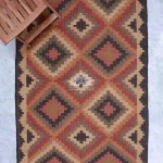 Handmade Wool Jute Kilim Rug: Earth Tone Geometric Flatweave with Fringes