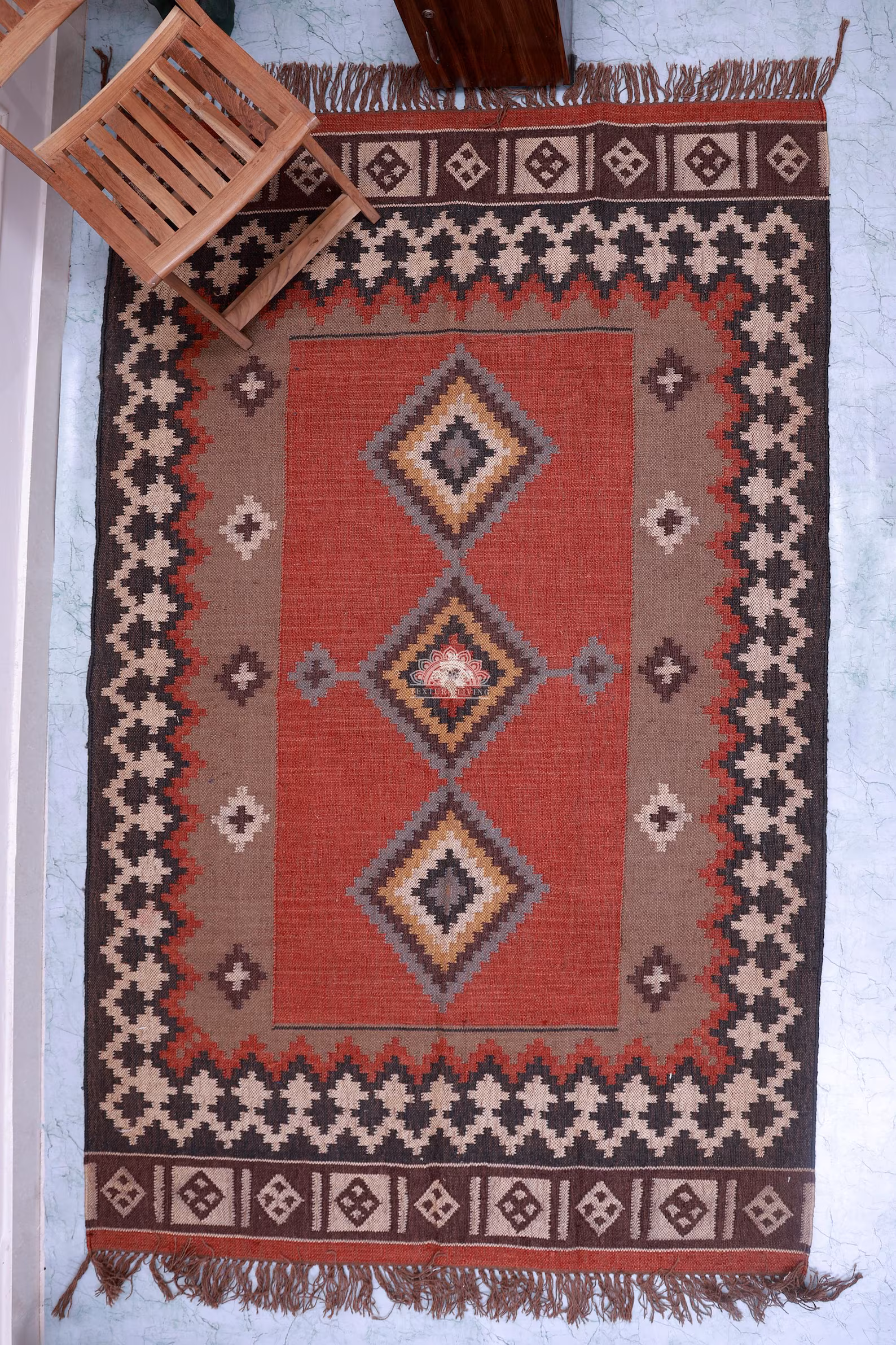Handwoven Wool Jute Kilim Rug: Tribal Diamond Flatweave Area Rug